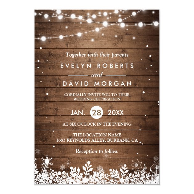 Rustic Wood String Lights Snowflake Winter Wedding Invitation