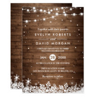 Rustic Wood String Lights Snowflake Winter Wedding Invitation