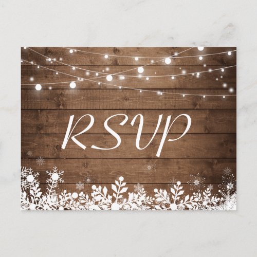Rustic Wood String Lights Snowflakes Wedding RSVP Invitation Postcard