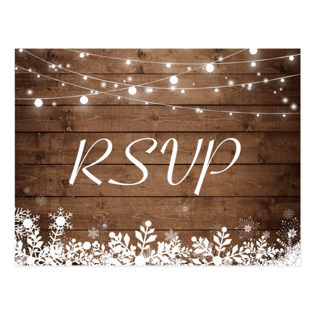 Rustic Wood String Lights Snowflakes Wedding RSVP Postcard