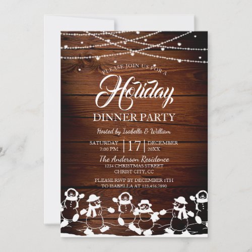 Rustic Wood String Lights Snowman Holiday Party Invitation