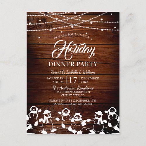 Rustic Wood String Lights Snowmans Holiday Party Invitation Postcard