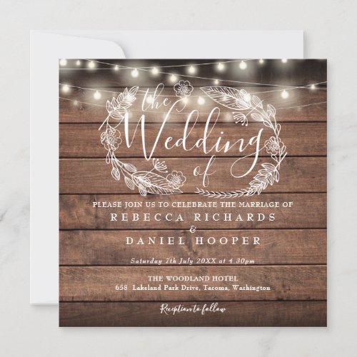 Rustic Wood String Lights Square Photo Wedding Invitation