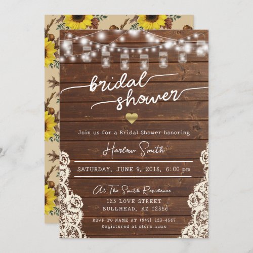 Rustic Wood String Lights Sunflower Bridal Shower Invitation
