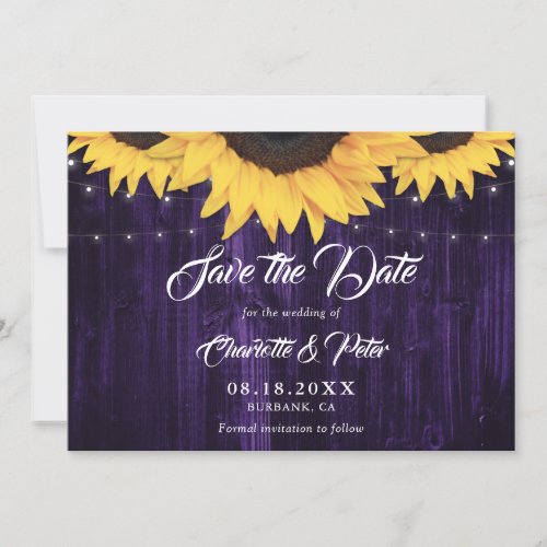 Rustic Wood String Lights Sunflower Purple Wedding Save The Date