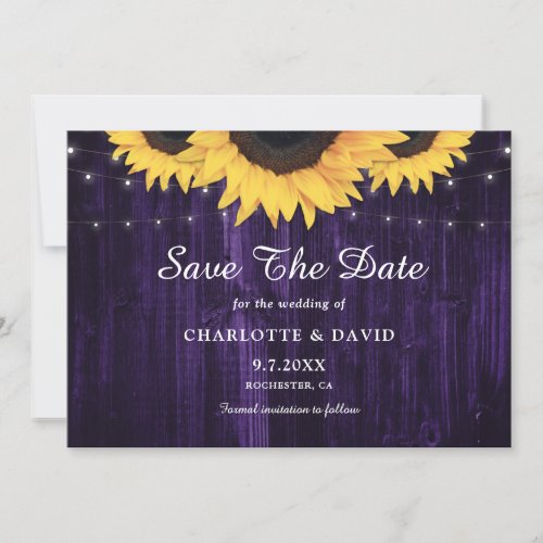 Rustic Wood String Lights Sunflower Purple Wedding Save The Date