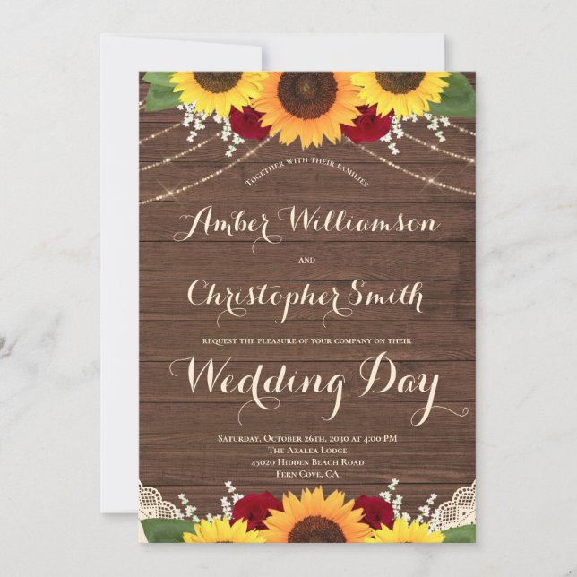 Rustic Wood String Lights Sunflower Rose Wedding Invitation (Front)
