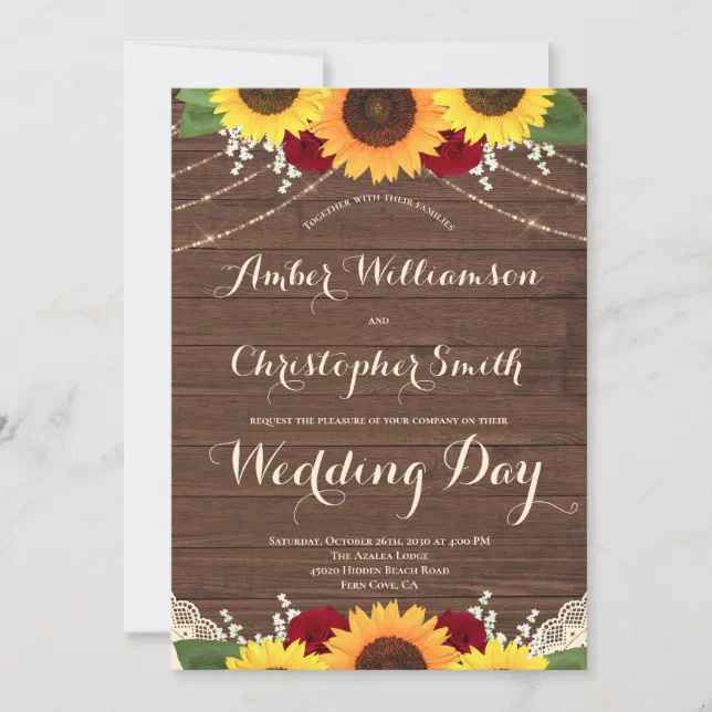 Rustic Wood String Lights Sunflower Rose Wedding Invitation Zazzle