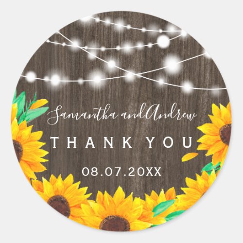 Rustic wood string lights sunflower Thank you Classic Round Sticker