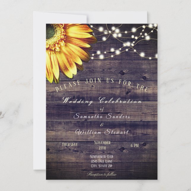 Rustic Wood String Lights Sunflower Wedding Budget Invitation (Front)