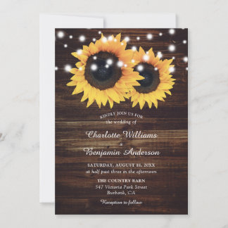 Rustic Wood String Lights Sunflower Wedding Invitation