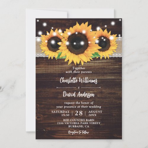 Rustic Wood String Lights Sunflower Wedding Invitation