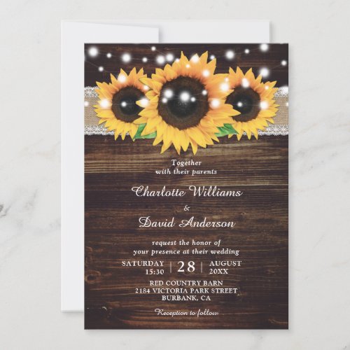 Rustic Wood String Lights Sunflower Wedding Invitation