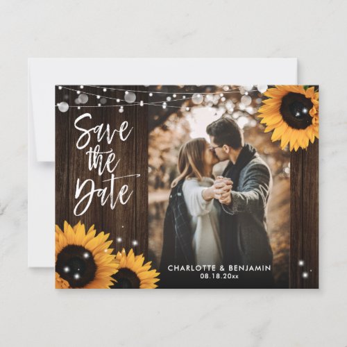Rustic Wood String Lights Sunflower Wedding Photo Save The Date