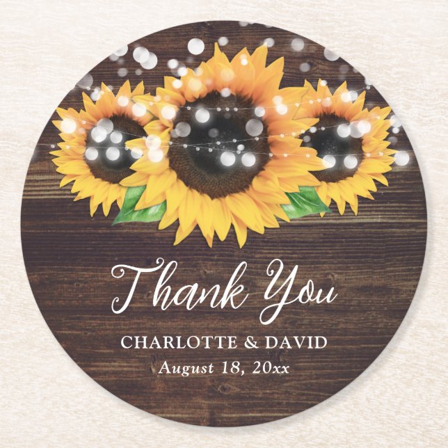 Rustic Wood String Lights Sunflower Wedding Round Paper Coaster (Front)