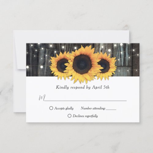 Rustic Wood String Lights Sunflower Wedding RSVP Card