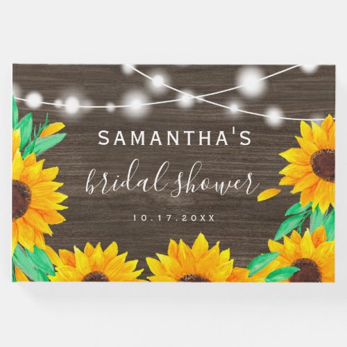 Rustic wood string lights sunflowers bridal shower guest book