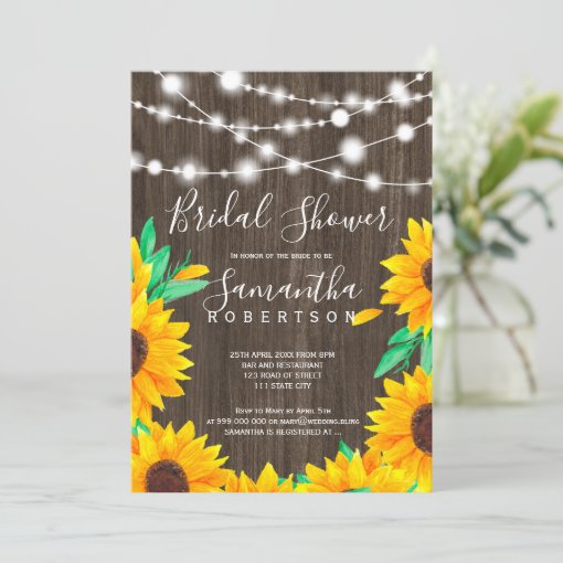 Rustic Wood String Lights Sunflowers Bridal Shower Invitation Zazzle