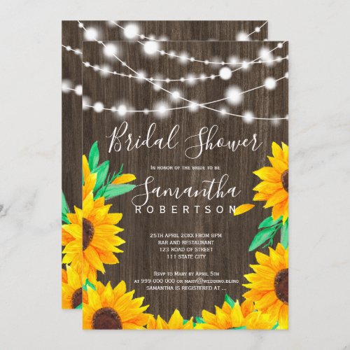 Rustic wood string lights sunflowers bridal shower invitation