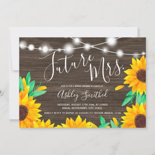 Rustic wood string lights sunflowers bridal shower invitation