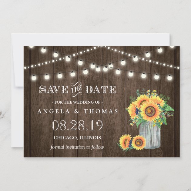 Rustic Wood String Lights Sunflowers Save The Date