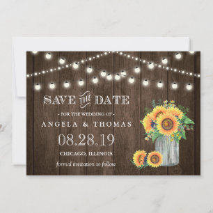 Rustic Wood String Lights Sunflowers Save the Date