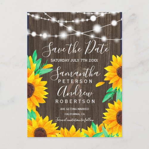 Rustic wood string lights sunflowers save the date announcement postcard