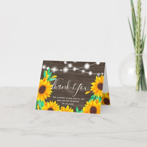 Rustic wood string lights sunflowers thank you card