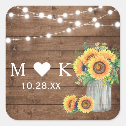 Rustic Wood String Lights Sunflowers Wedding Favor Square Sticker