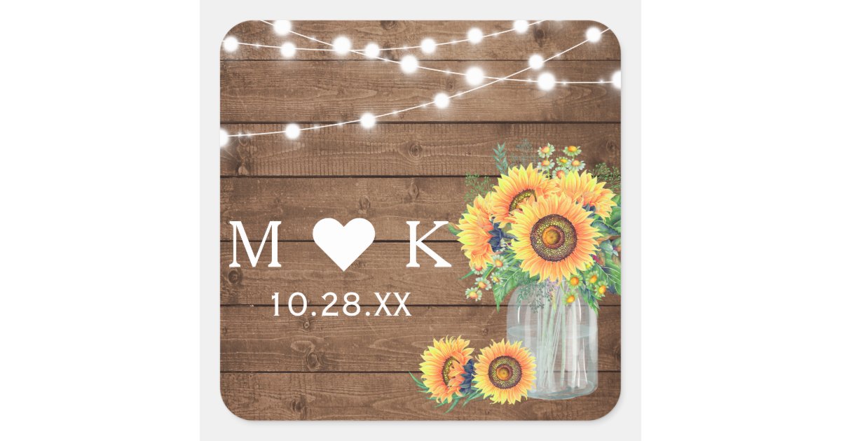 Rustic Wood String Lights Sunflowers Wedding Favor Square Sticker | Zazzle