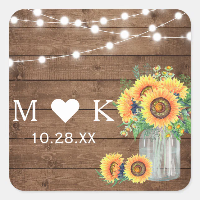 Rustic Wood String Lights Sunflowers Wedding Favor Square Sticker | Zazzle