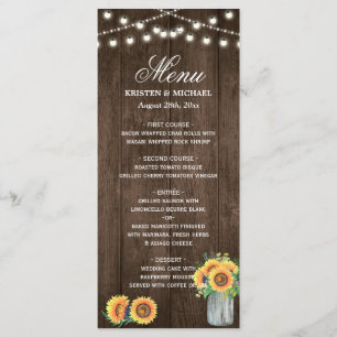Rustic Wood String Lights Sunflowers Wedding Menu