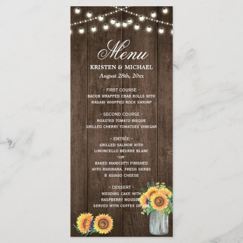 Rustic Wood String Lights Sunflowers Wedding Menu