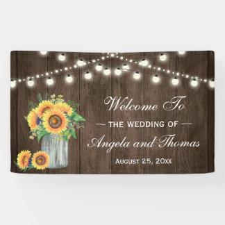 Rustic Wood String Lights Sunflowers Wedding Party Banner