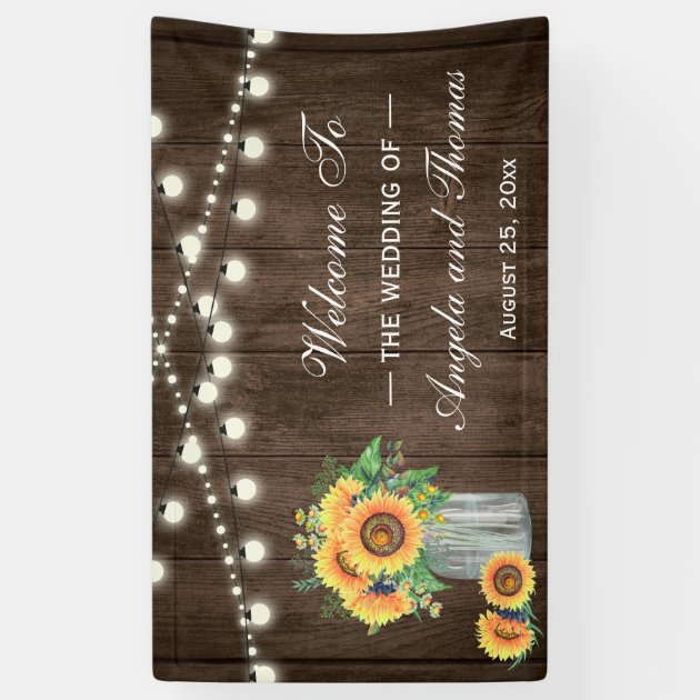 Rustic Wood String Lights Sunflowers Wedding Party Banner