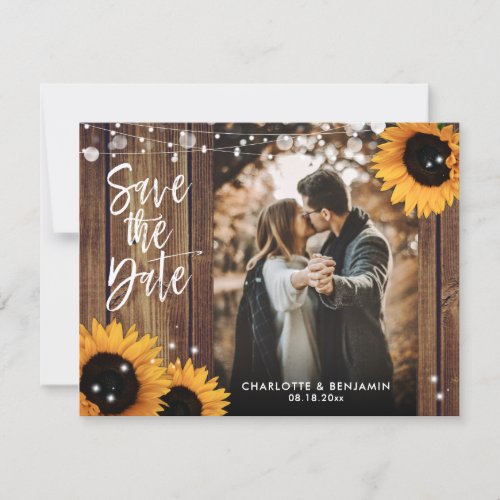 Rustic Wood String Lights Sunflowers Wedding Photo Save The Date