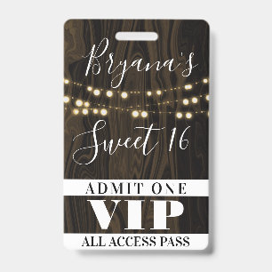 Rustic Wood String Lights Sweet 16 VIP Pass Badge