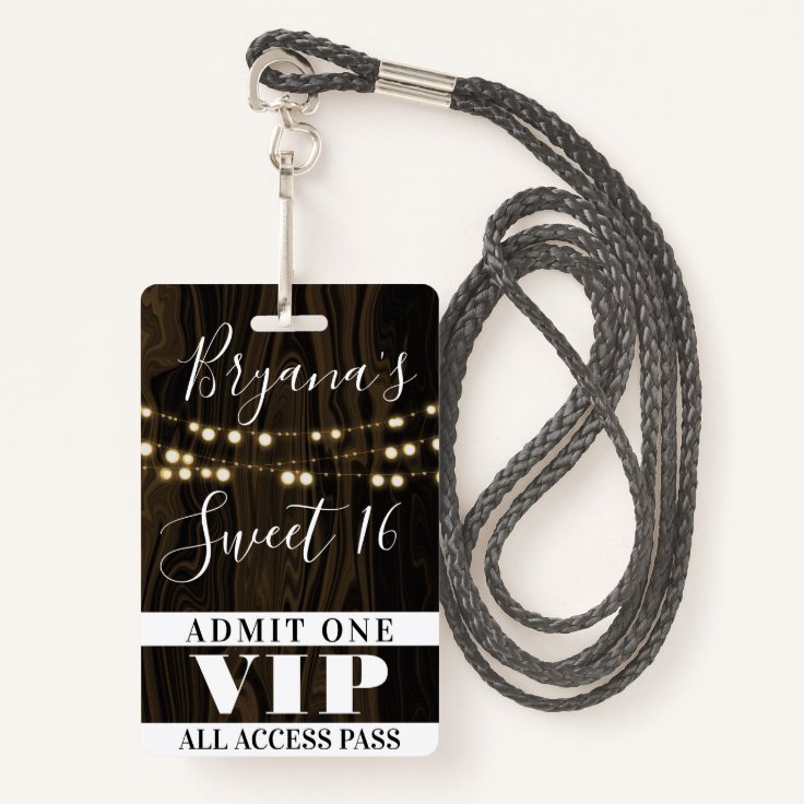 Rustic Wood String Lights Sweet 16 VIP Pass Badge Zazzle