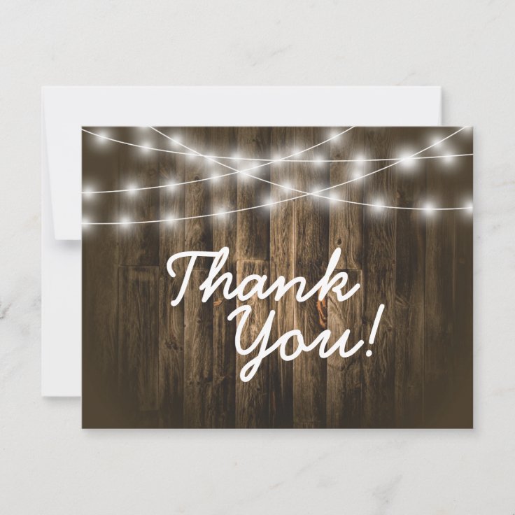 Rustic Wood String Lights Thank You Note Card | Zazzle