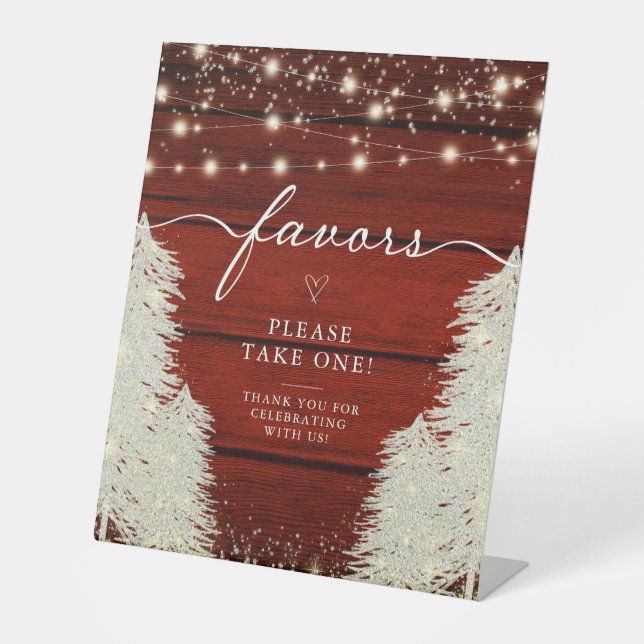 Rustic Wood | String Lights | Trees Wedding Favors Pedestal Sign (Front)