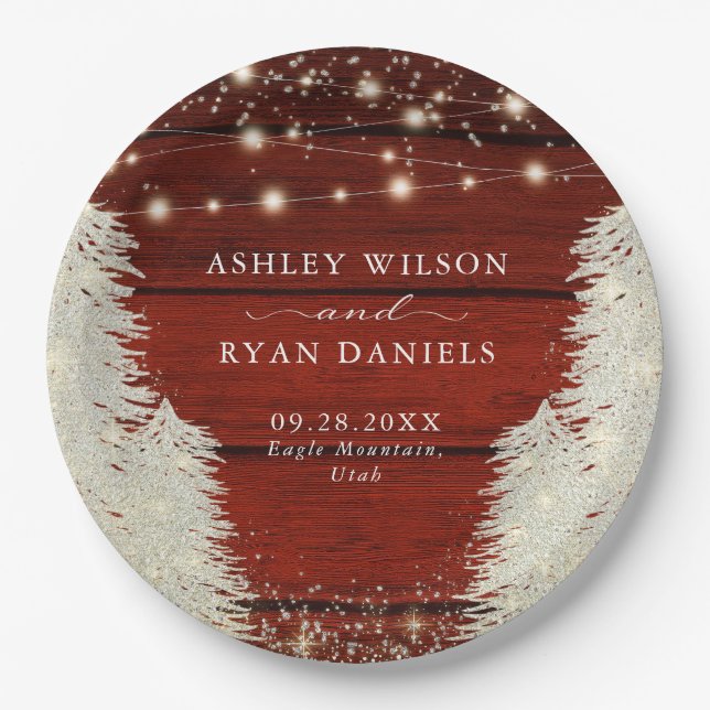 Rustic Wood | String Lights | Trees Wedding Paper Plates (Front)