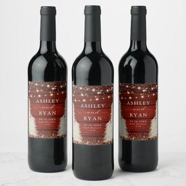 Rustic Wood | String Lights | Trees Wedding Wine Label (Bottles)