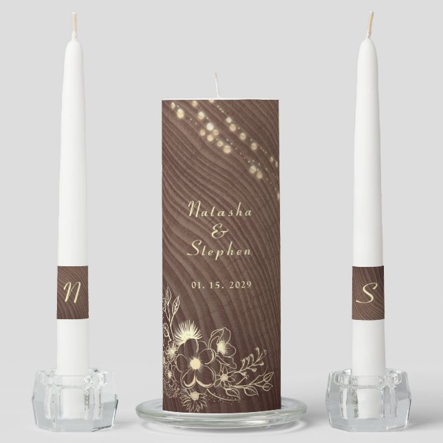 Rustic Wood String Lights Unity Candle (Front)