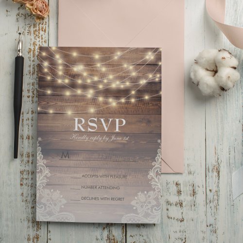 Rustic Wood  String Lights  Vintage Lace RSVP