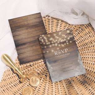 Rustic Wood & String Lights   Vintage Lace RSVP Card