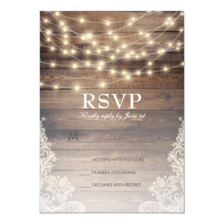 Rustic Wood & String Lights | Vintage Lace RSVP Invitation