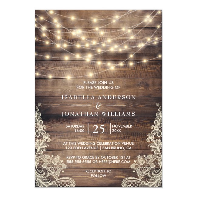Rustic Wood & String Lights | Vintage Lace Wedding Invitation