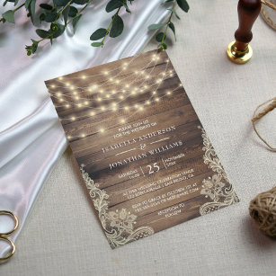 Rustic Wood & String Lights   Vintage Lace Wedding Invitation