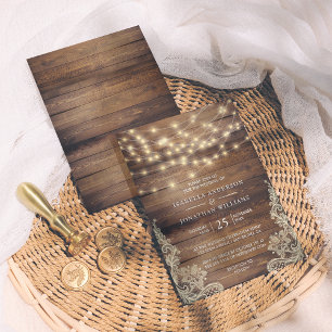 Rustic Wood & String Lights Vintage Lace Wedding Invitation