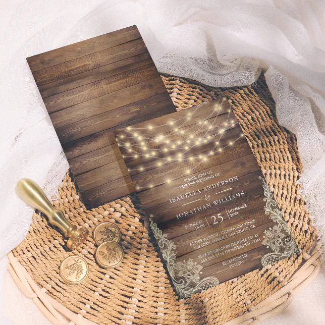 Rustic Wood & String Lights | Vintage Lace Wedding Invitation | Zazzle